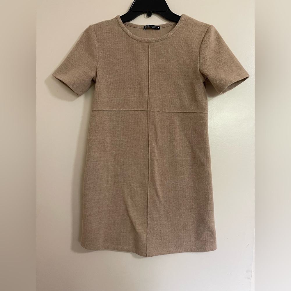 Zara Short Sleeve Knit Brown Sweater Mini Pullover Dress Sz S